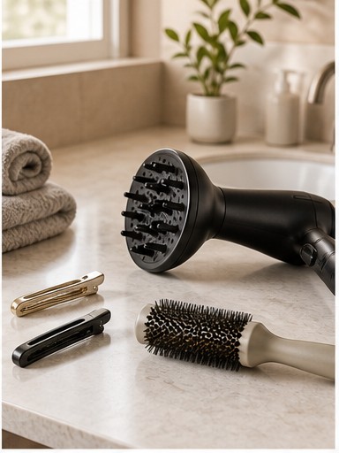 Non-branded blow dryer and brush routine context